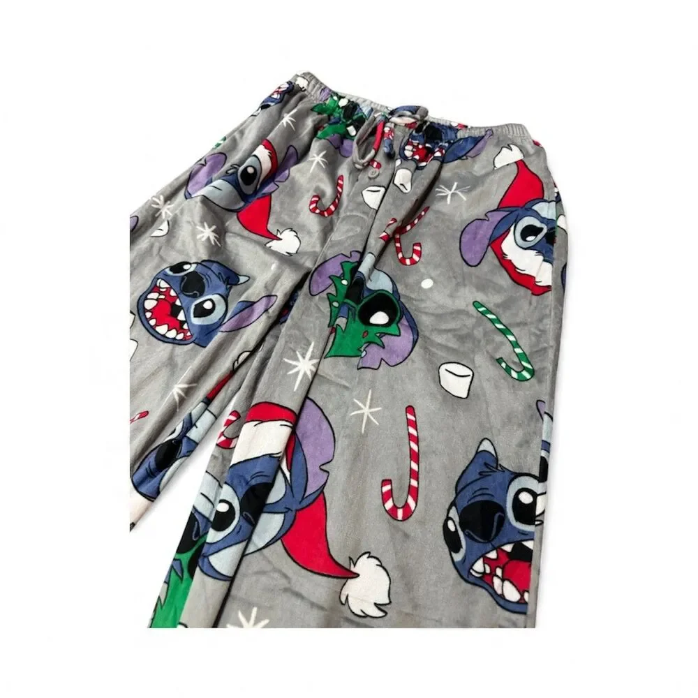C305 Disney Lilo & Stitch Christmas Pajama Pants Sleepwear Fleece Gray Sz Large - Picture 2 of 2